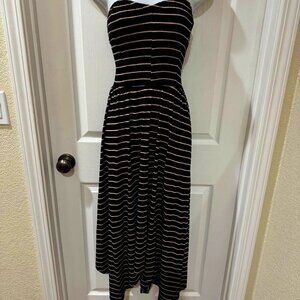 Cute Strapless Black/Beige Striped Smocked Sundress With Asymmetrical Hemline
